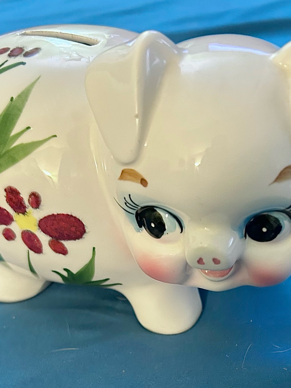 Vintage Mid century White Porcelain Piggy Bank With Painted Flowers